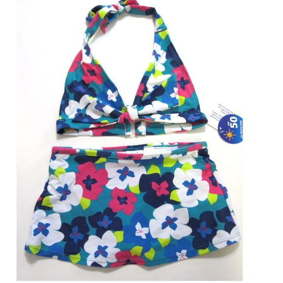 Wave Zone Girl Swimsuit Skirt Halter Bikini Top Size 4 5 UV 50 Protection - Picture 1 of 2